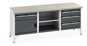 Bott Cubio Storage Workbench 2000mm wide x 750mm Deep x 840mm high supplied with a Linoleum worktop (particle board core with grey linoleum surface and plastic edgebanding), 4 x drawers (3 x 150mm & 1 x 200mm high), 1 x 350mm high integral storage... 2000mm Wide Storage Benches